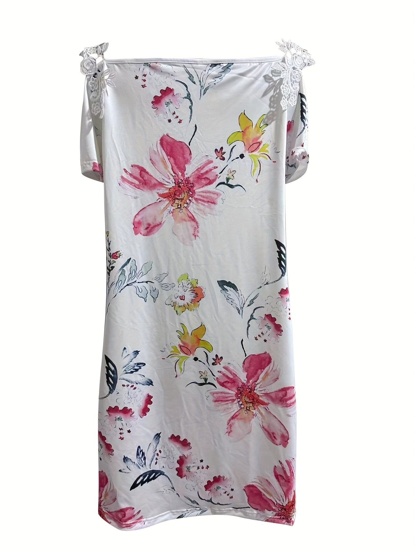  Women's Floral Print Lace Panel Cold Shoulder Dress
