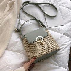 Straw Weaving Crossbody Bag Flap Slouchy Bucket Bag
