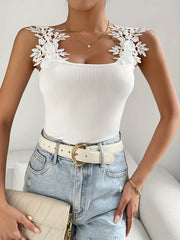  Solid Contrast Lace Ribbed Tank Top