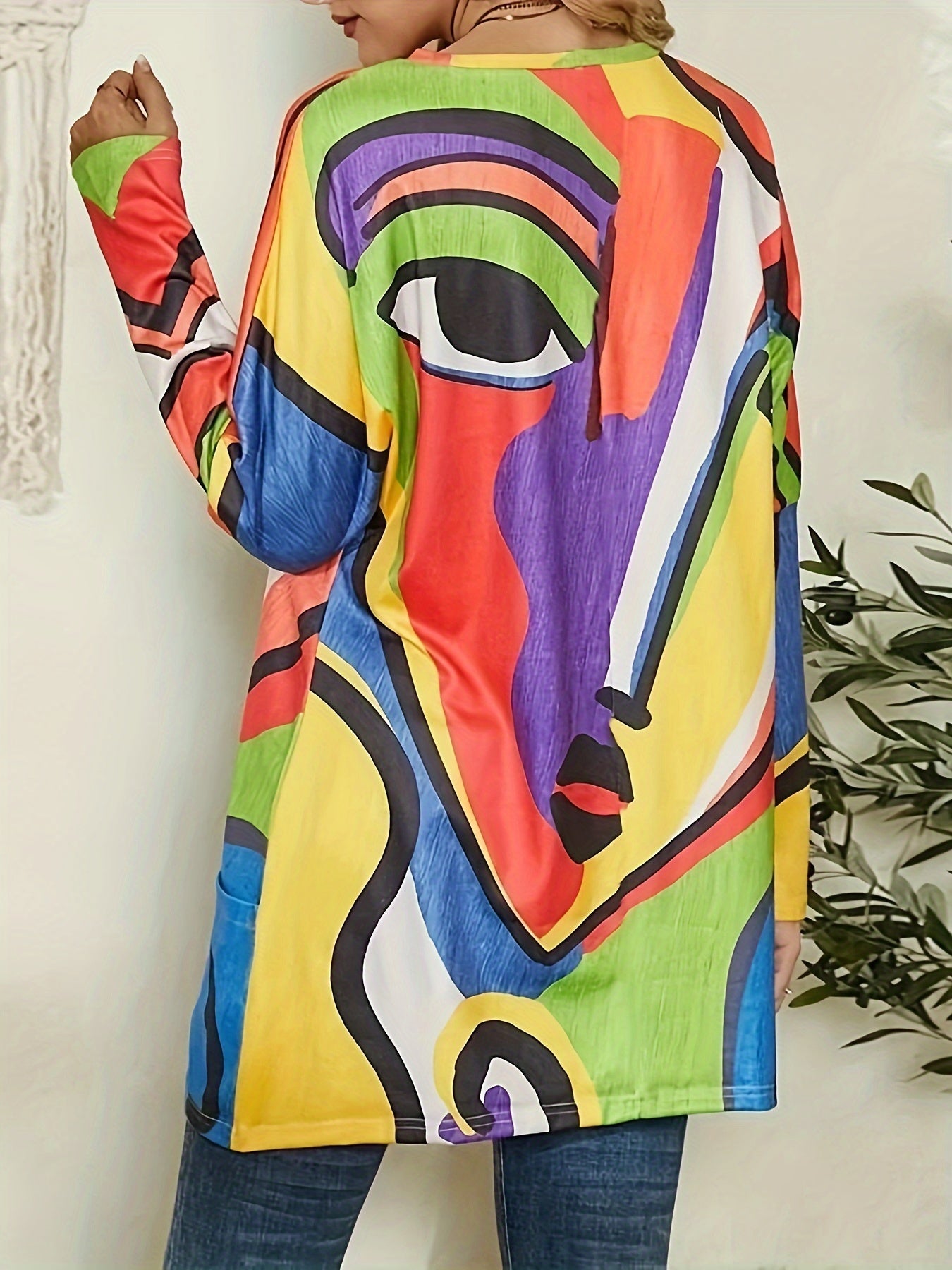  Abstract Print Long Sleeve Tunic Dress with Pockets