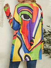  Abstract Print Long Sleeve Tunic Dress with Pockets