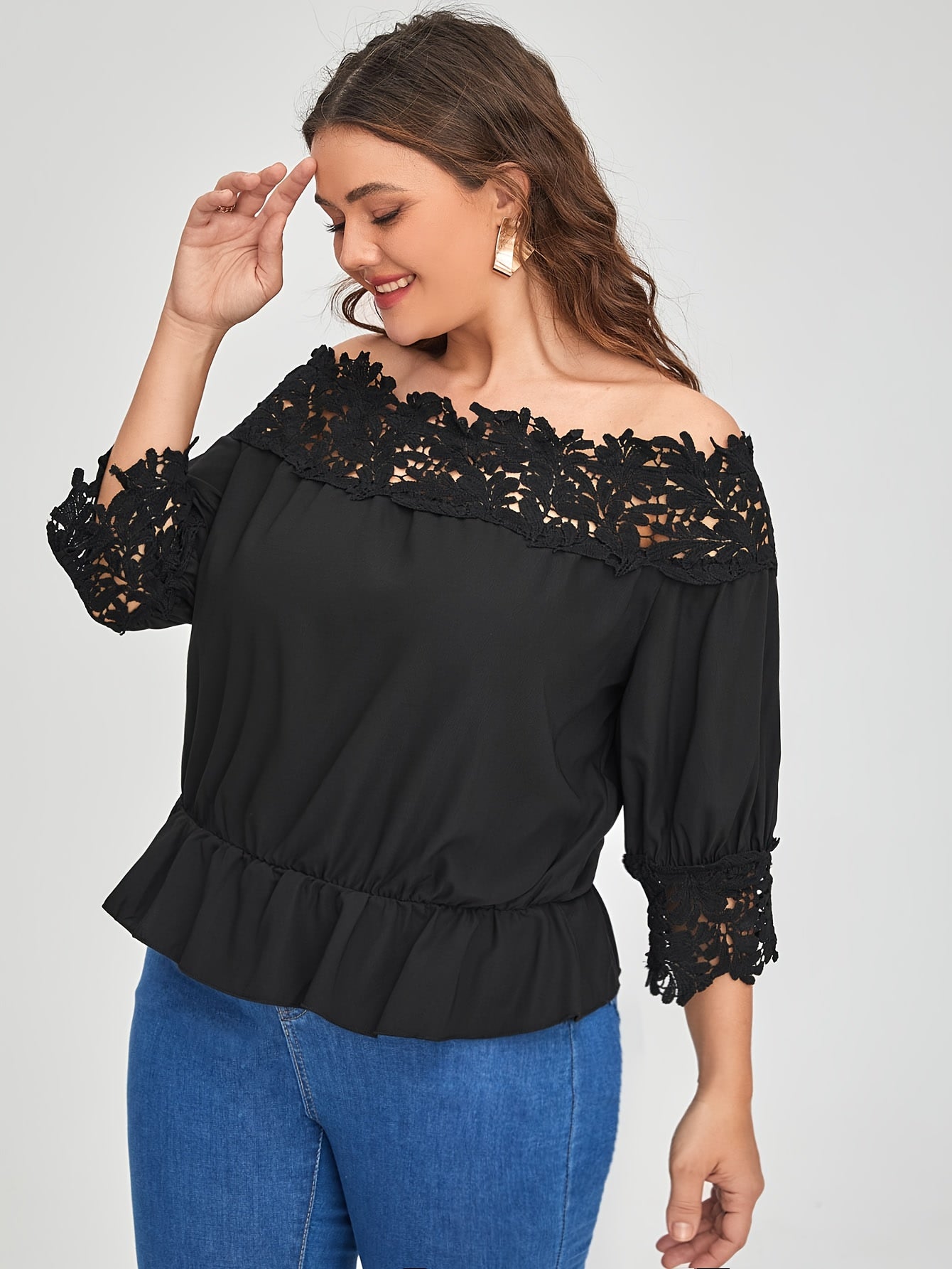  Blouse Women's Plus Contrast Lace Off Shoulder Top