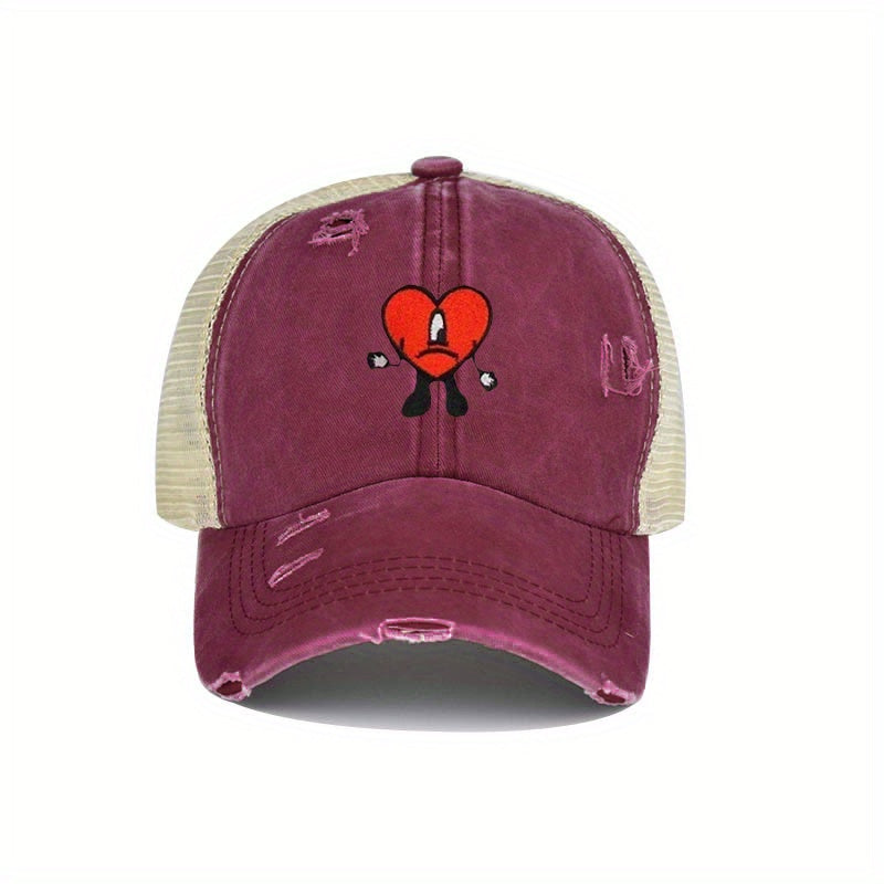 Heart Ripped Ponytail Baseball Cap Candy Washed Distressed Mesh Trucker Hat
