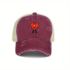 Heart Ripped Ponytail Baseball Cap Candy Washed Distressed Mesh Trucker Hat