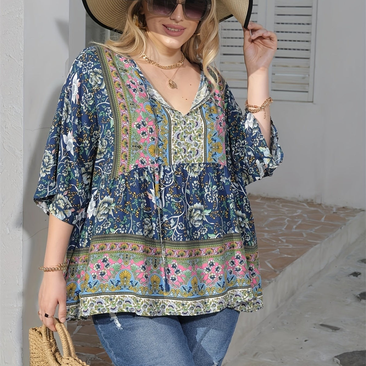  Floral Print Peplum Top Three Quarter Sleeve Blouse