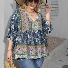  Floral Print Peplum Top Three Quarter Sleeve Blouse