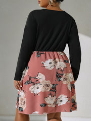  Colorblock Floral Print Long Sleeve Round Neck Cut Out Dress