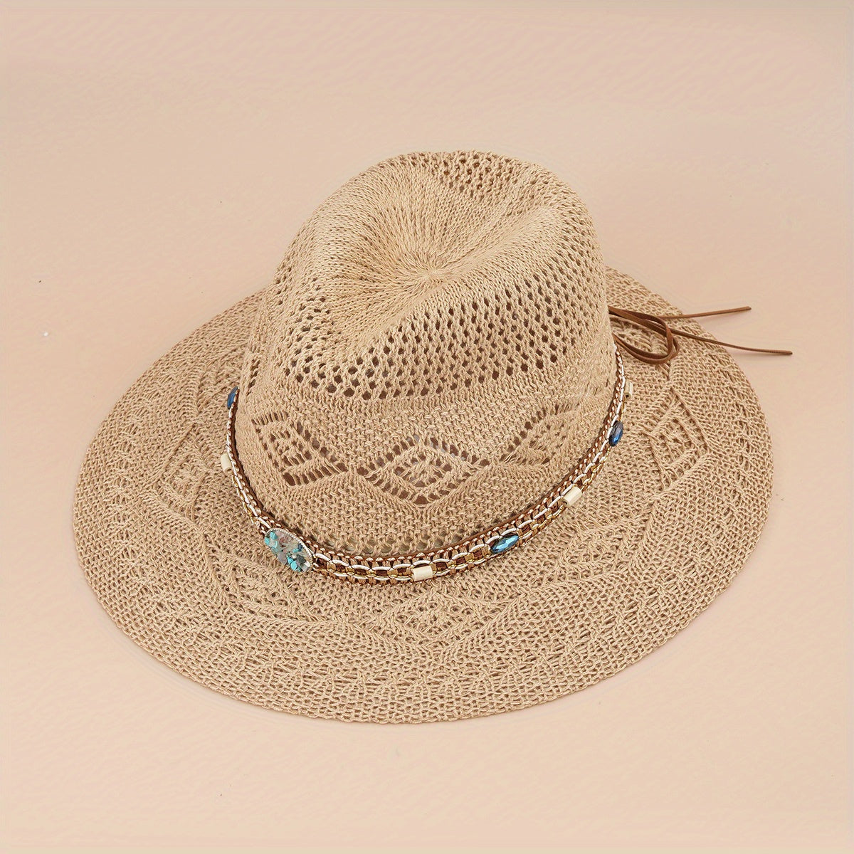 Boho Belt Decor Geometric Crochet Fedora Cap Breathable Summer Beach Hat