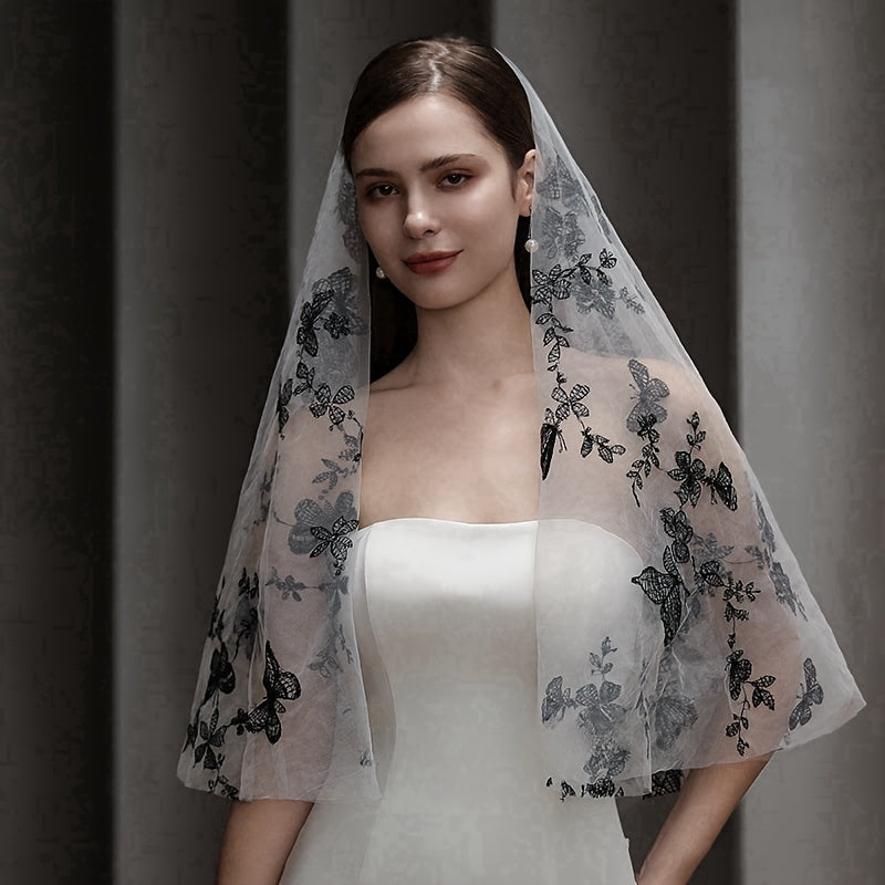 Butterfly Embroidered Bridal Veil with Comb Fingertip Length