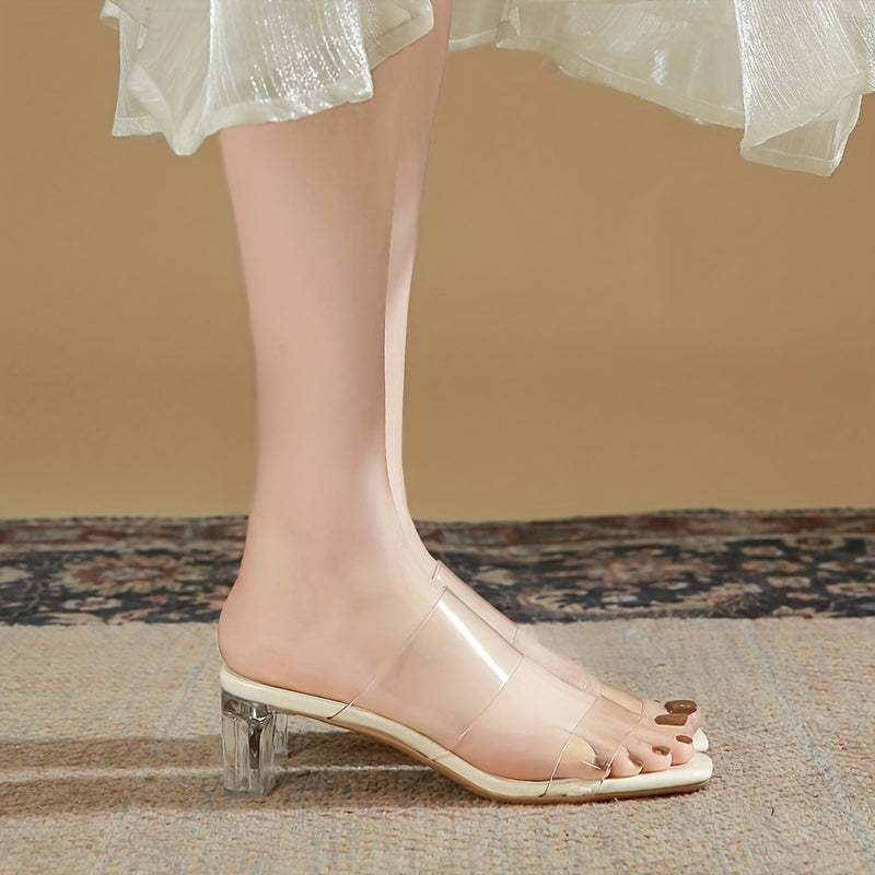 Crystal Block Heel Sandals Double Strap Pumps Square Toe Women's Summer Heels