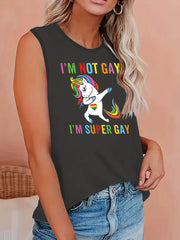 Plus Size LGBT Tank Top Rainbow Print Round Neck Stretch