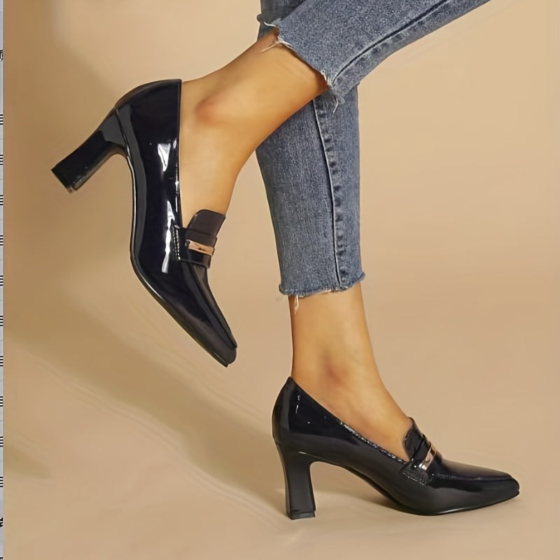 Women's Pointed Toe Court Pumps Slip On Patent Leather Block Heels