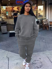 Solid Workout Set Crew Neck Long Sleeve Tops & Pants Outfits
