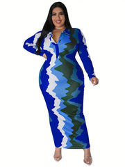 Tie Dye Print V Neck Long Sleeve Maxi Dress Plus Size
