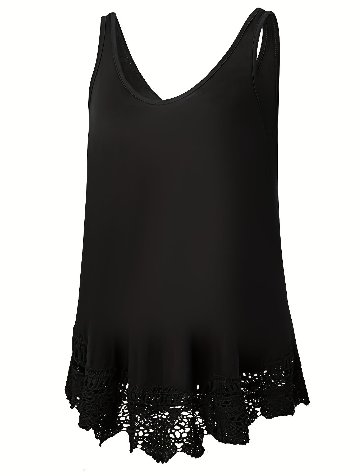  Tank Top Solid Contrast Lace Trim V Neck Stretch Tank Top