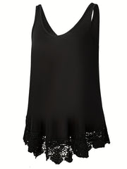  Tank Top Solid Contrast Lace Trim V Neck Stretch Tank Top