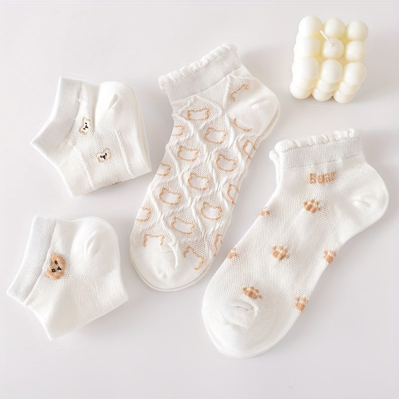 5 Pairs Cartoon Bear Print Socks & Ankle Socks Women's Stockings