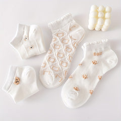 5 Pairs Cartoon Bear Print Socks & Ankle Socks Women's Stockings