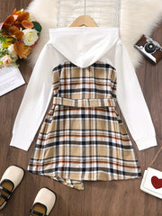 Plaid Hoodie Dress Tween Girls A Line Casual Belted Dress