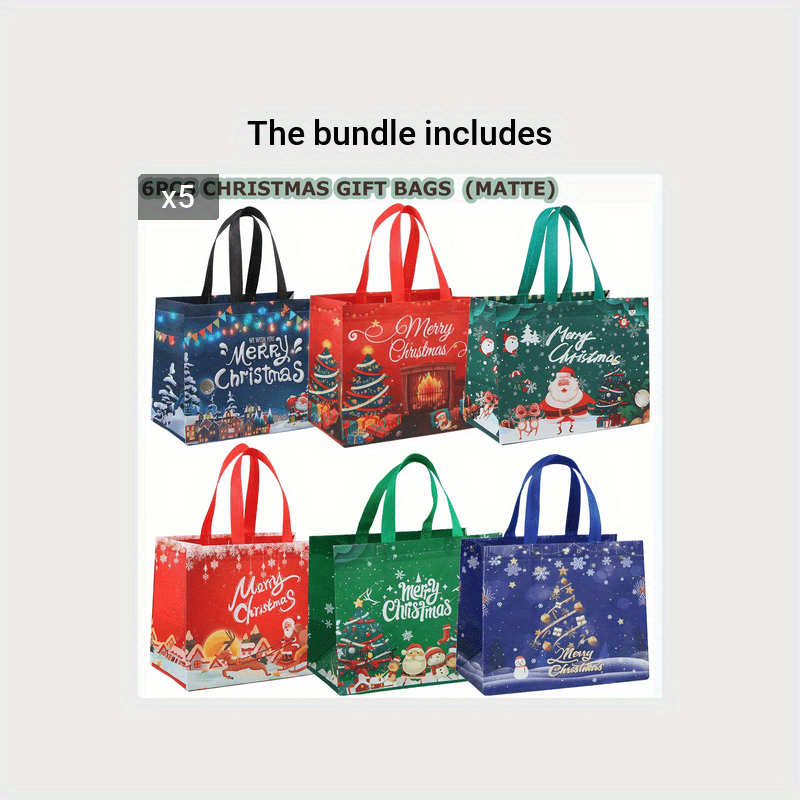 6pcs Large Christmas Pattern Tote Gift Bags With Handles Reusable