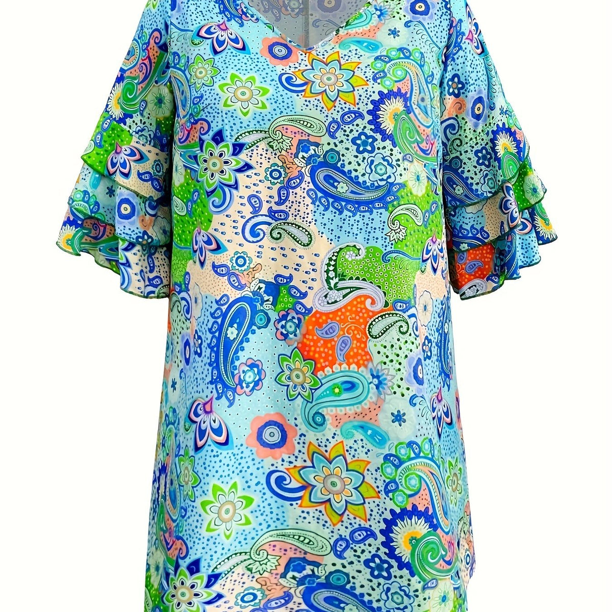  Boho Dress Women's Paisley Floral Print Bell Sleeve Mini Dress