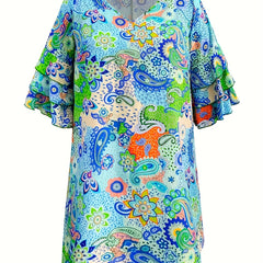  Boho Dress Women's Paisley Floral Print Bell Sleeve Mini Dress