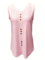Eyelet Solid Top V Neck Summer Sleeveless Top