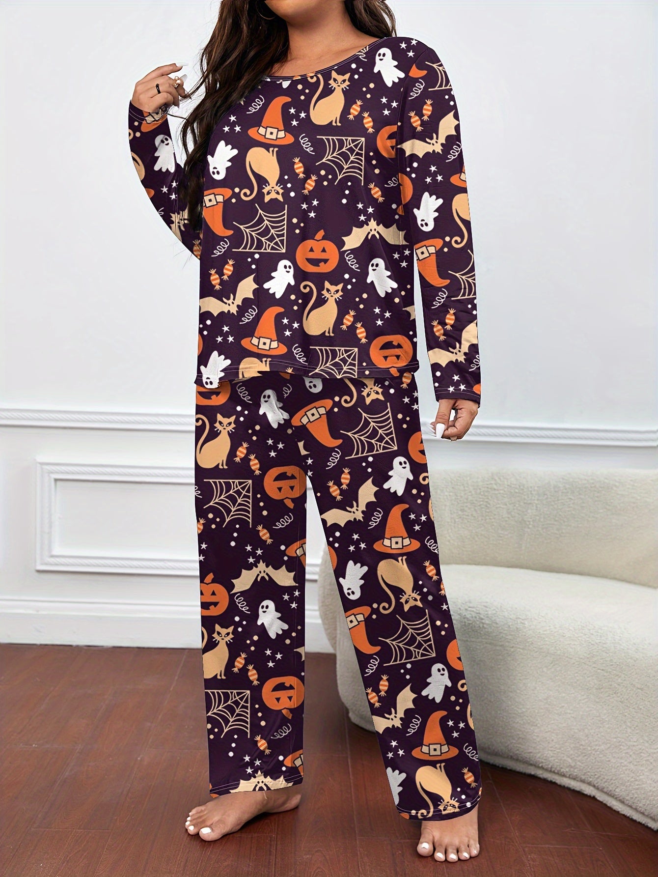  Halloween Pajamas Set Allover Halloween Graphic Tee & Pants Lounge Set