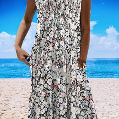  Floral Print V Neck Midi Tank Dress With Pocket