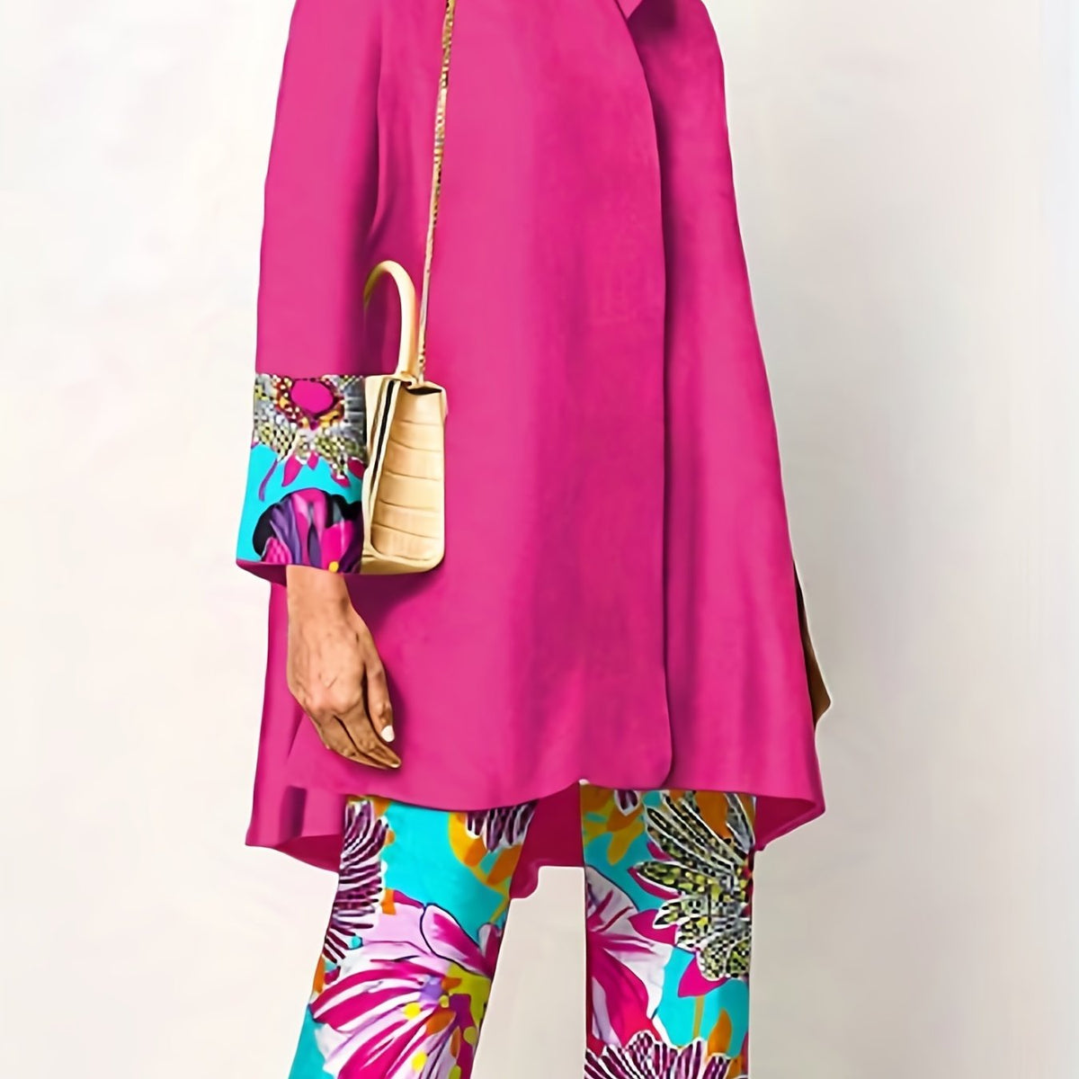  Colorblock Floral Print Blouse & Pants Set