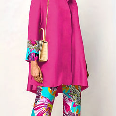  Colorblock Floral Print Blouse & Pants Set