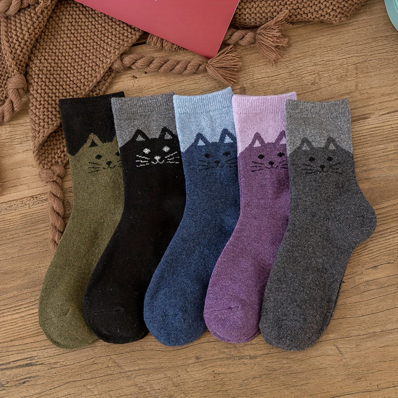 5 pairs Outdoor Cat Pattern Soft Thick Casual Cotton Warm Socks
