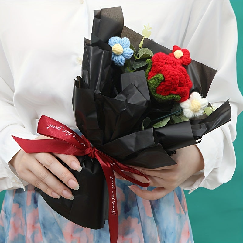 Crochet Wool Eternal Flower Rose Bouquet Handicrafts for Girlfriend