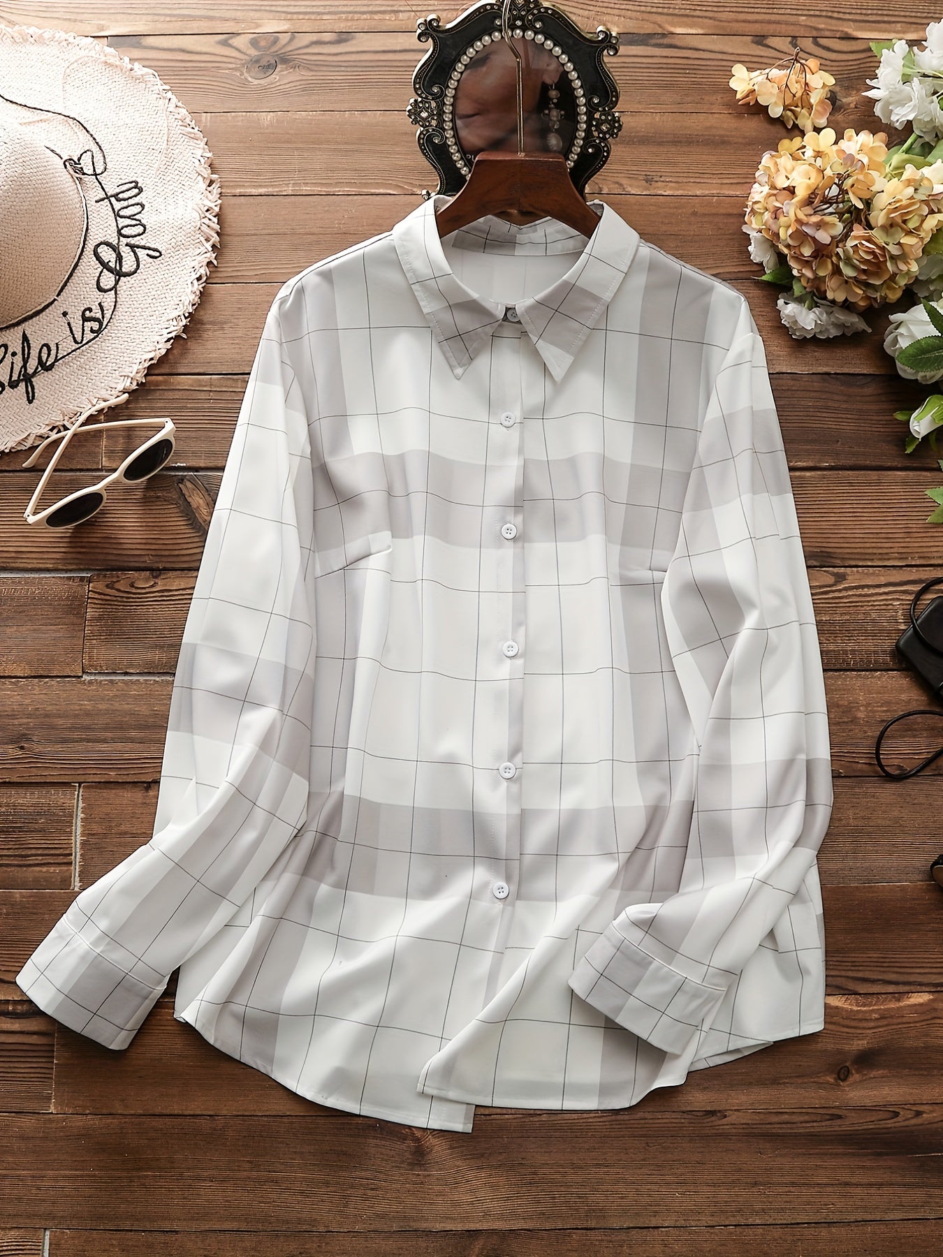  Colorblock Grid Print Button Up Blouse