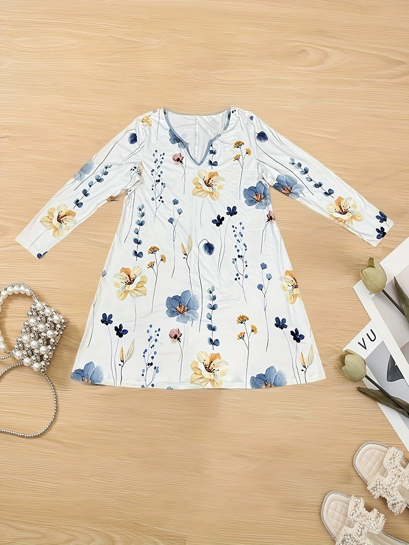  Floral Print Long Sleeve Stretch Dress