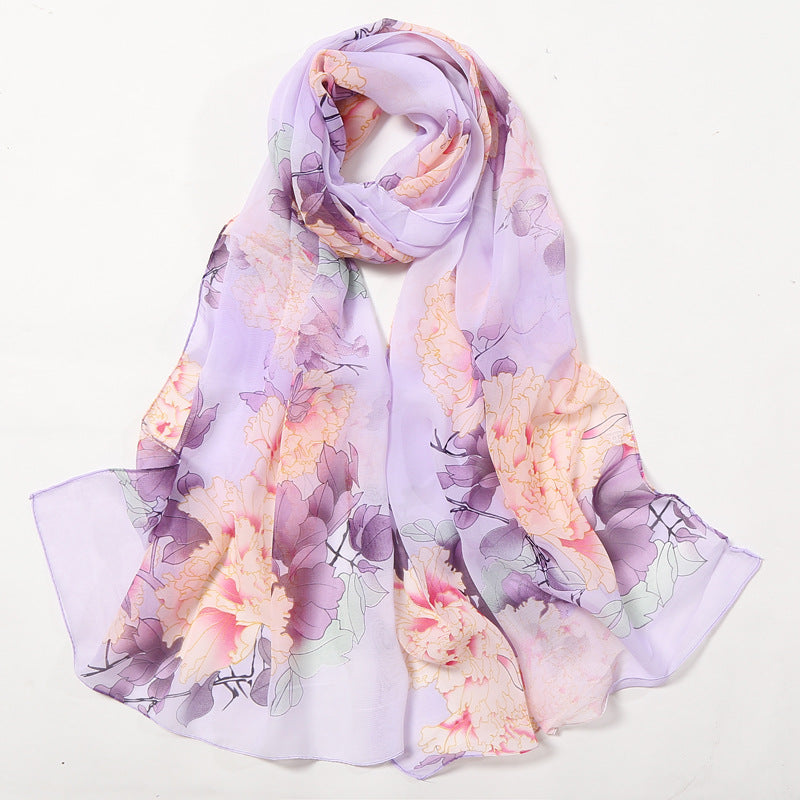 Chiffon Flower Print Soft Wrap Scarf Long Silk Shawl