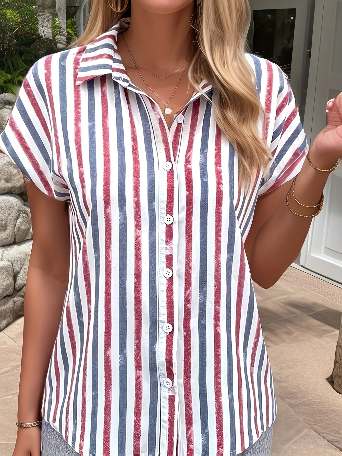  Casual Blouse Women's Plus Stripe Print Button Up Short Sleeve