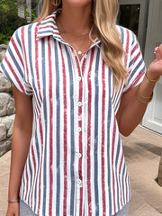  Casual Blouse Women's Plus Stripe Print Button Up Short Sleeve
