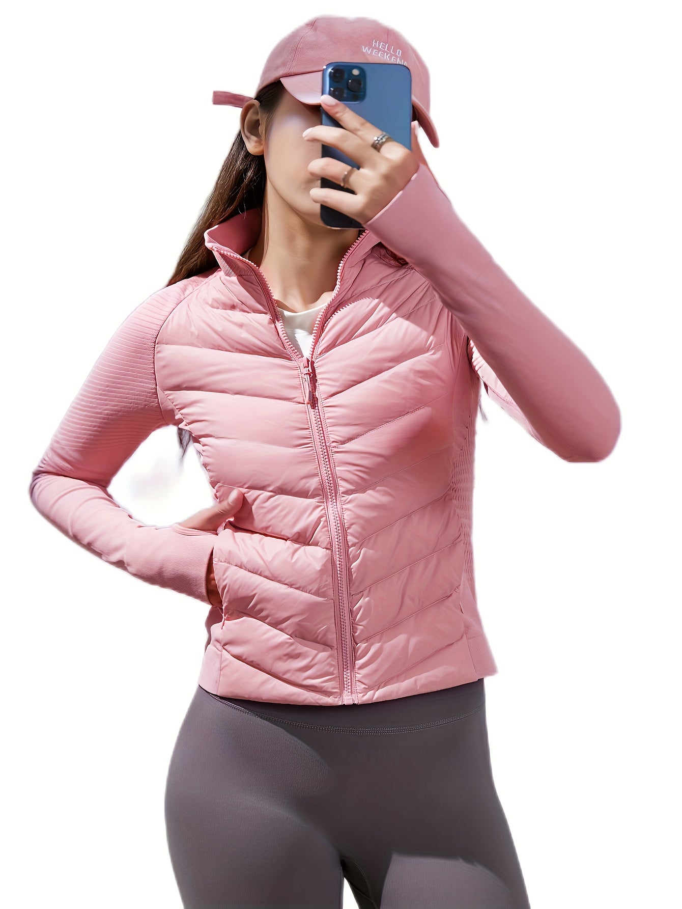 Thumb Hole Puffer Jacket Winter Hiking Skiing Crop Warm Jacket