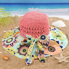 Boho Print Stitching Sun Hat Wide Brim Vintage Crochet Straw Hat