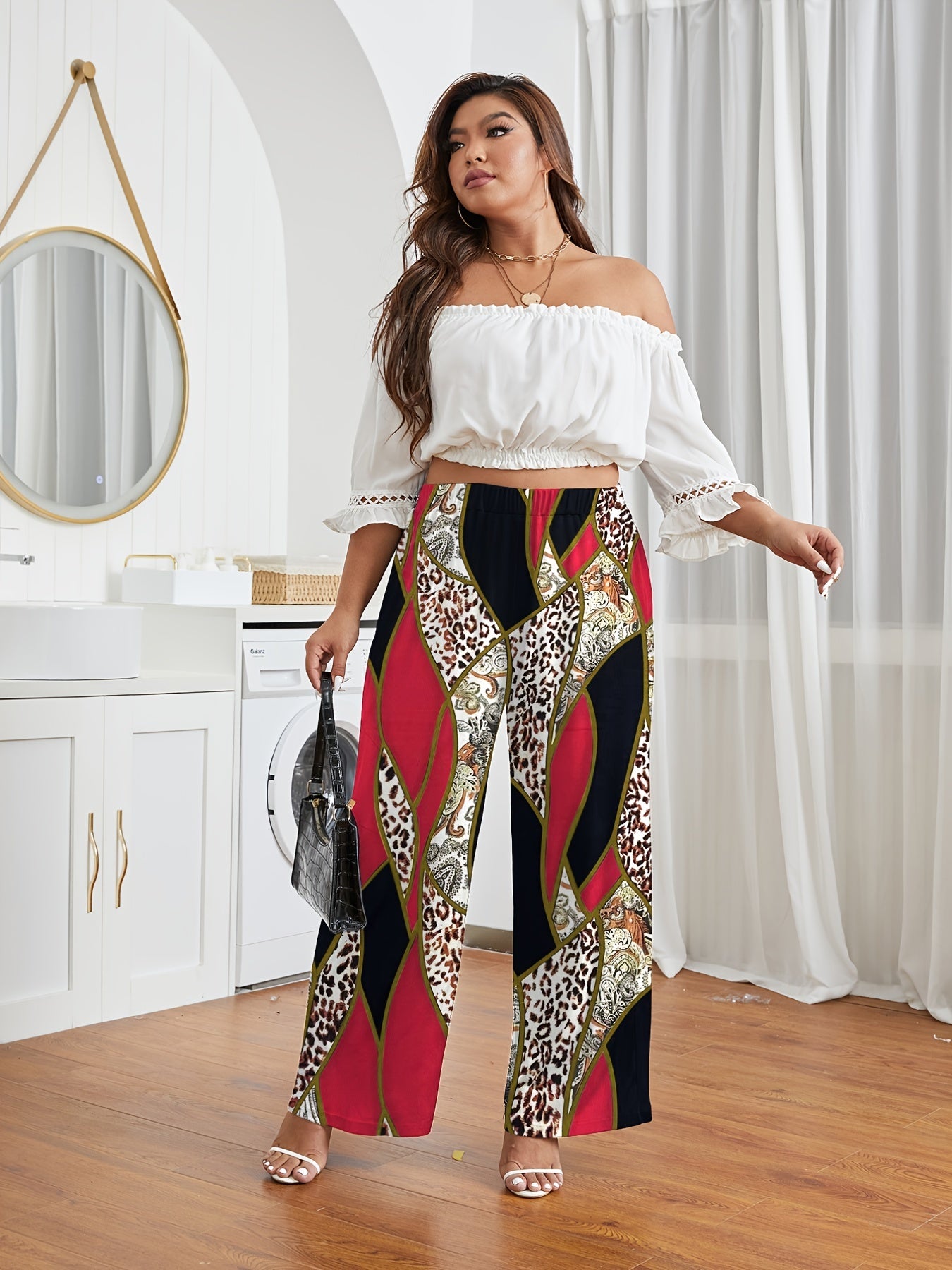  Graphic Print High Rise Wide Leg Pants Women's Plus