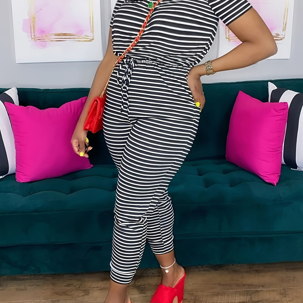  Off Shoulder Striped Print Jumpsuit Women's Plus Medium Stretch Casual