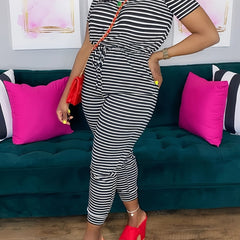  Off Shoulder Striped Print Jumpsuit Women's Plus Medium Stretch Casual