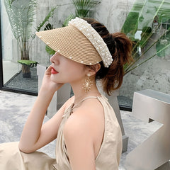 Faux Pearl Visor Hat Straw Sun Hat UV Protection Beach Hat