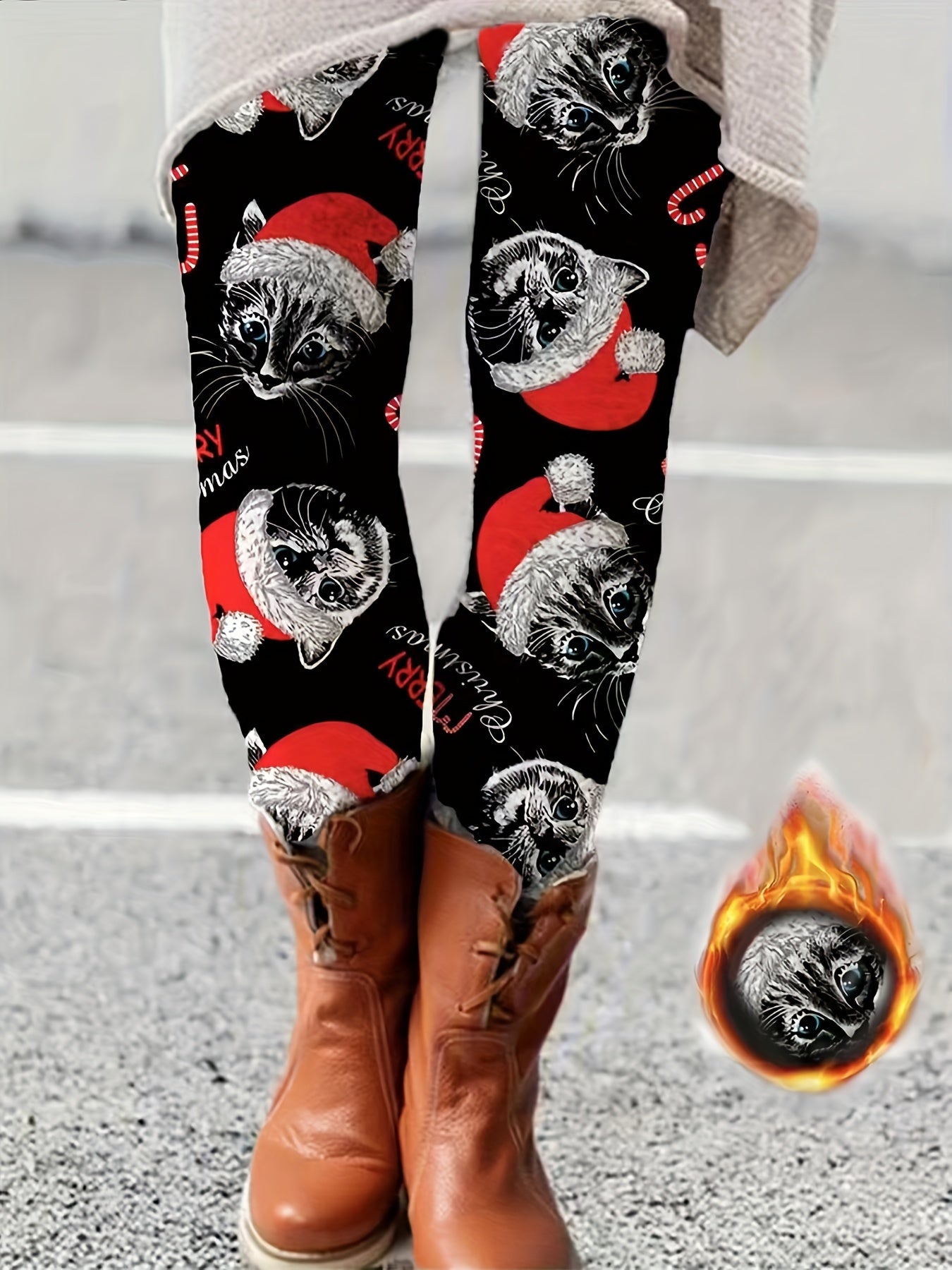  Christmas Cat Print Fleece Leggings