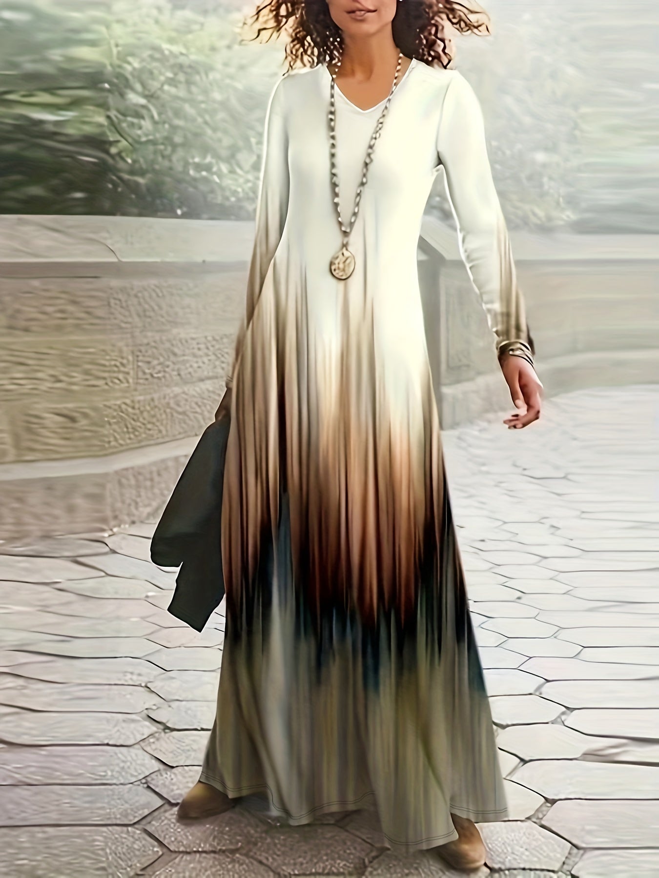  Graphic Print Long Sleeve V Neck Maxi Dress