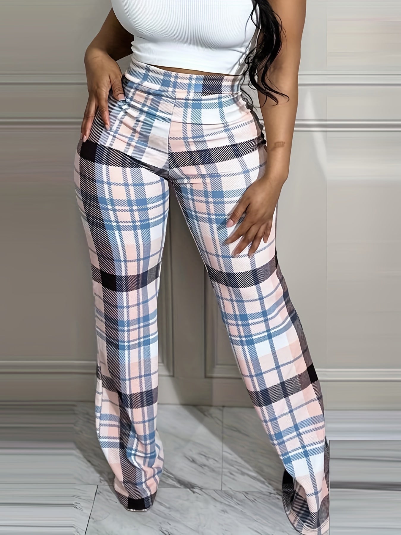  Boho Pants Women's Wide Leg Straight Plaid Print Elastic Waist