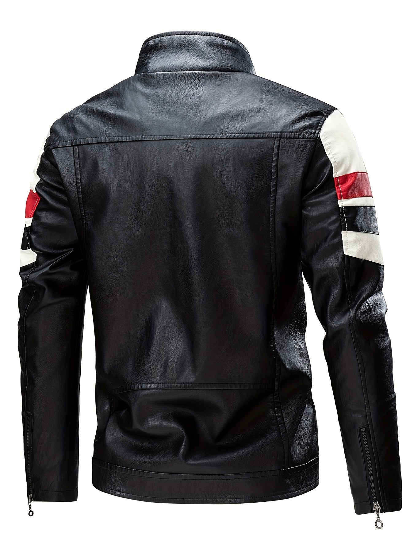 Men's Striped Leather Jacket Stand Collar Motorcycle Coat