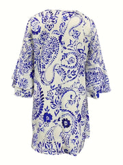  Floral Bell Sleeve V Neck Mini Dress