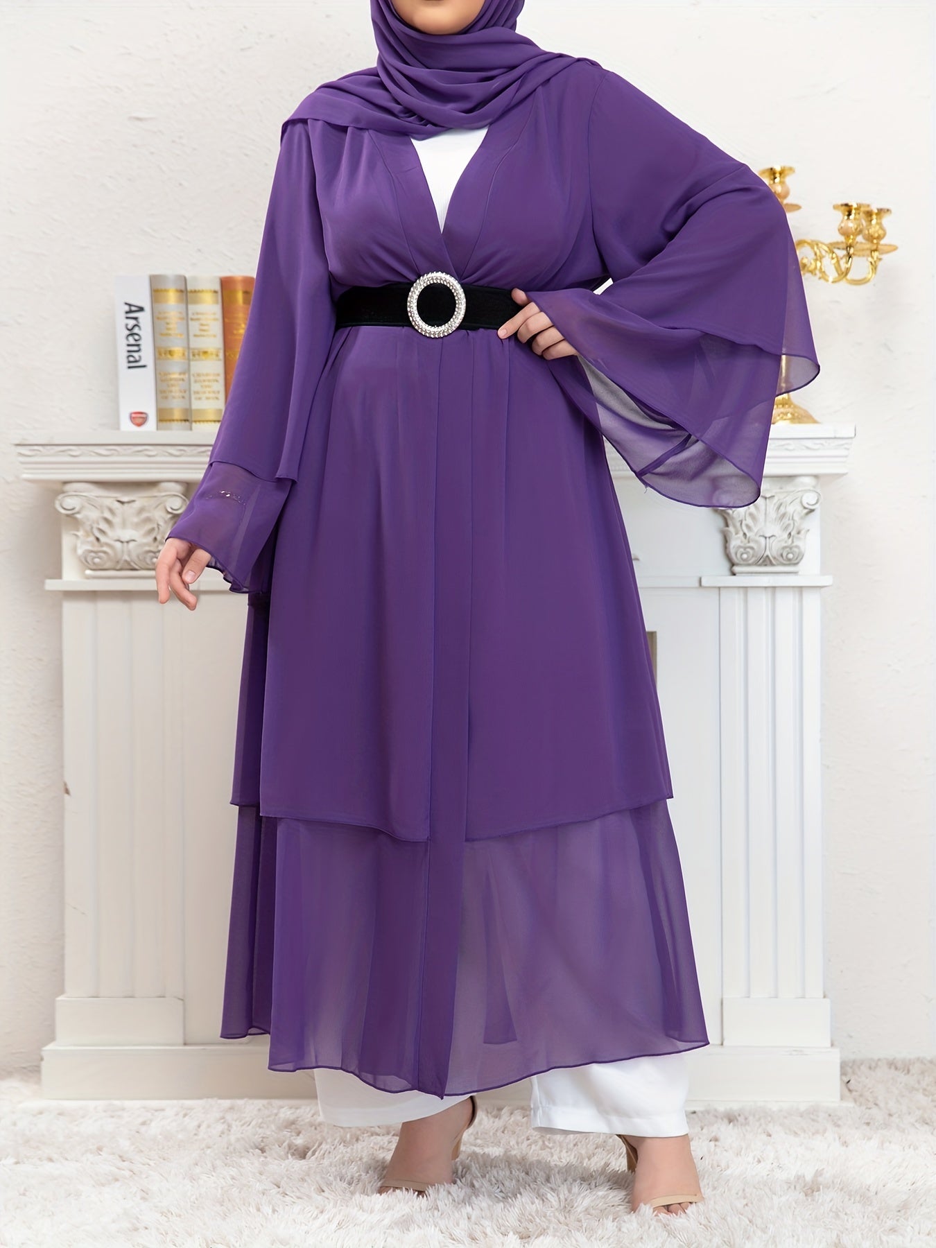  Mesh Bell Sleeve Layered Maxi Abaya Dress & Hijab 2pcs Set